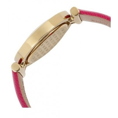 Side view of Michael Kors Averi MK2525 watch showing gold case and pink strap