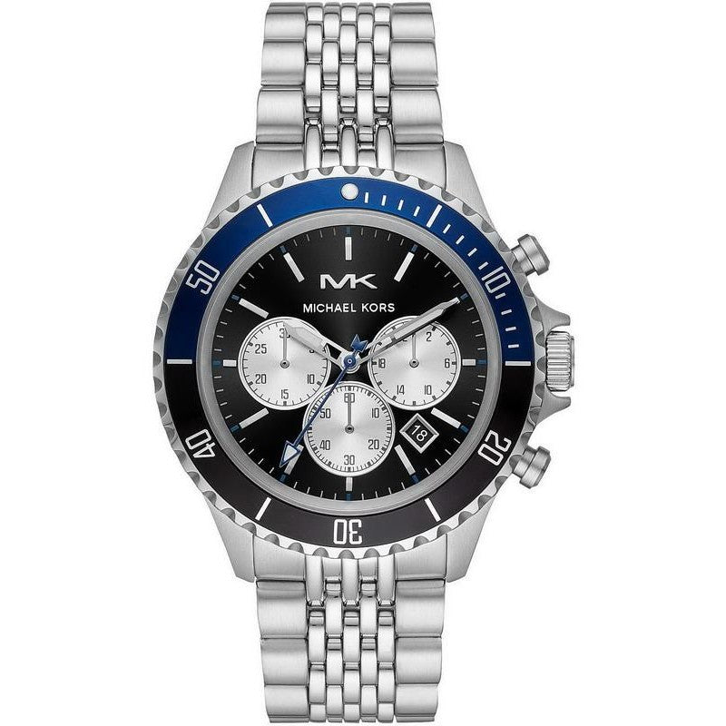 Michael Kors Bayville chronograph watch with silver-tone case, black dial, blue bezel, and white subdials