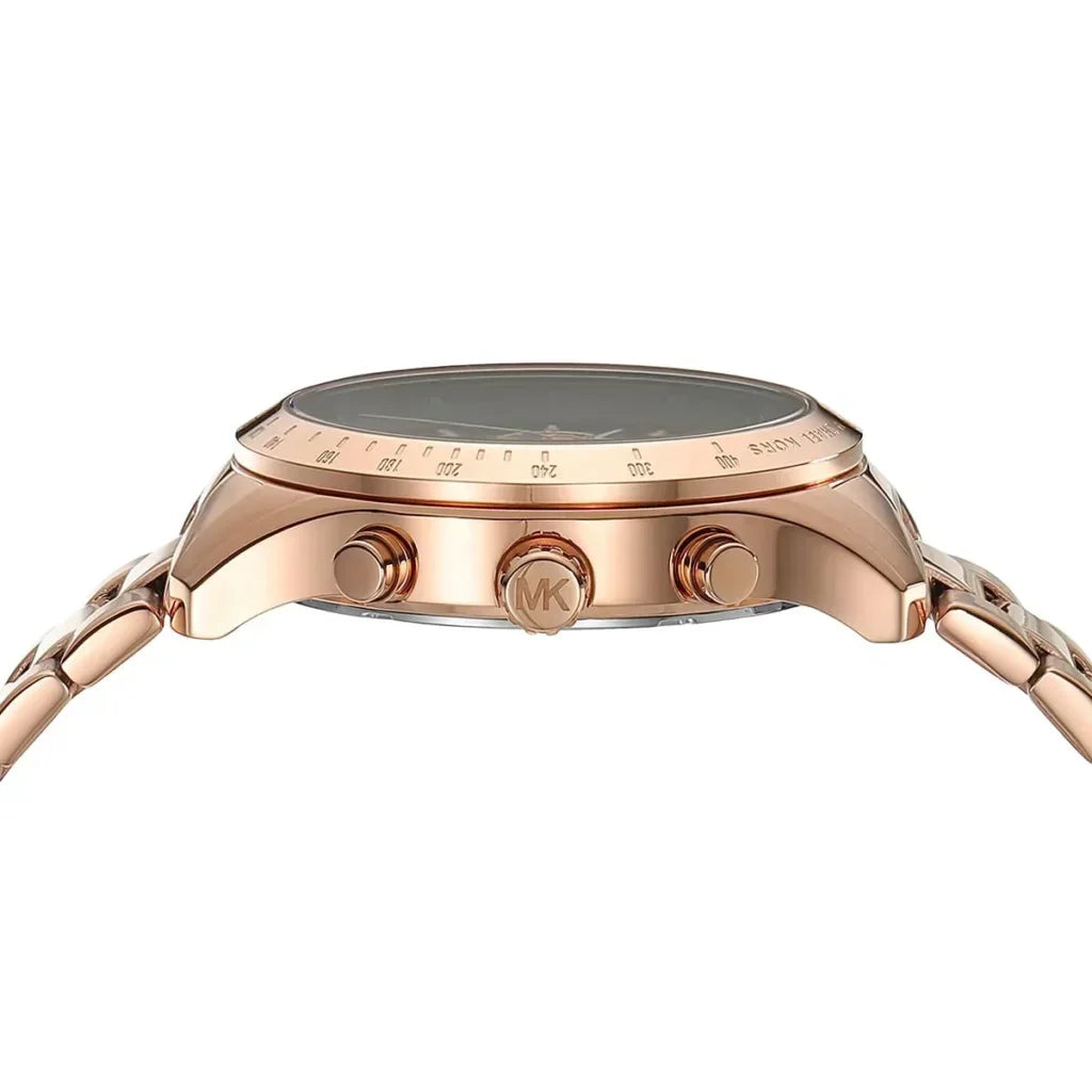 Side view of rose gold case with tachymeter bezel and chronograph pushers