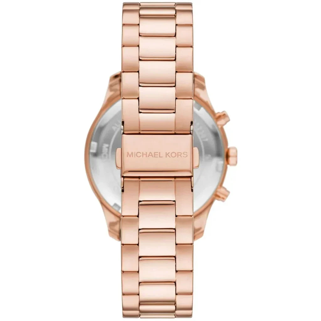 Back view of rose gold case and link bracelet with Michael Kors branding