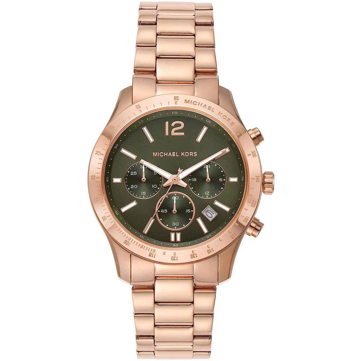 Michael Kors Berkley rose gold chronograph watch with green dial and three subdials