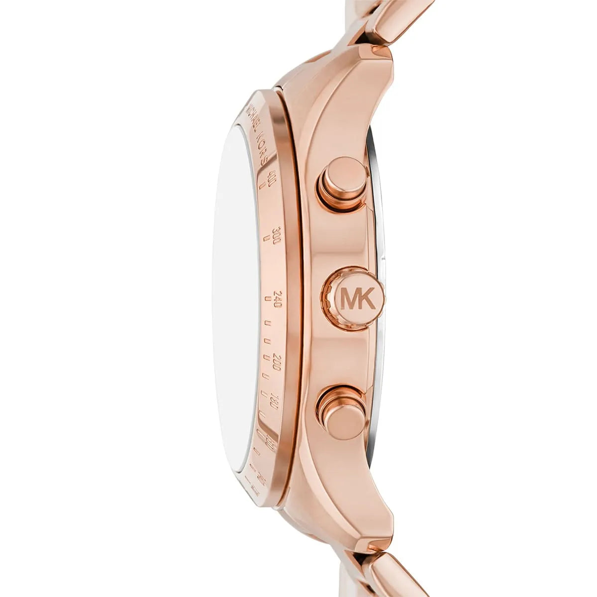 Side profile of Michael Kors Berkley watch showing case thickness and three pushers