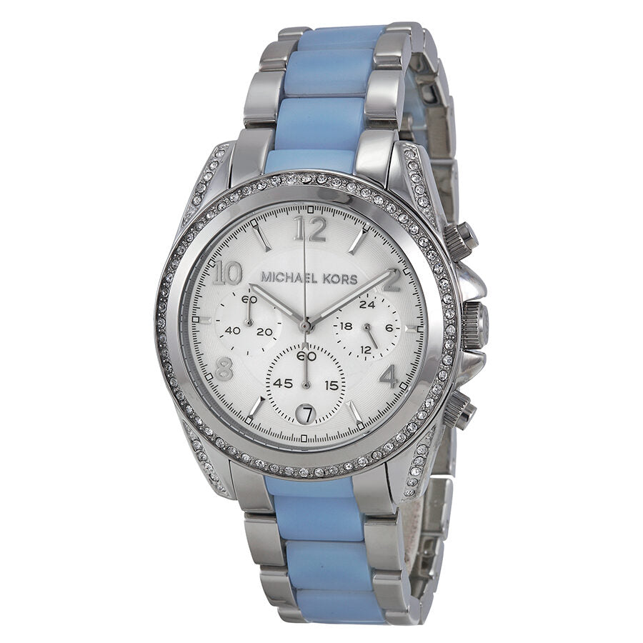 Michael Kors Blair chronograph watch with silver dial and chambray blue strap