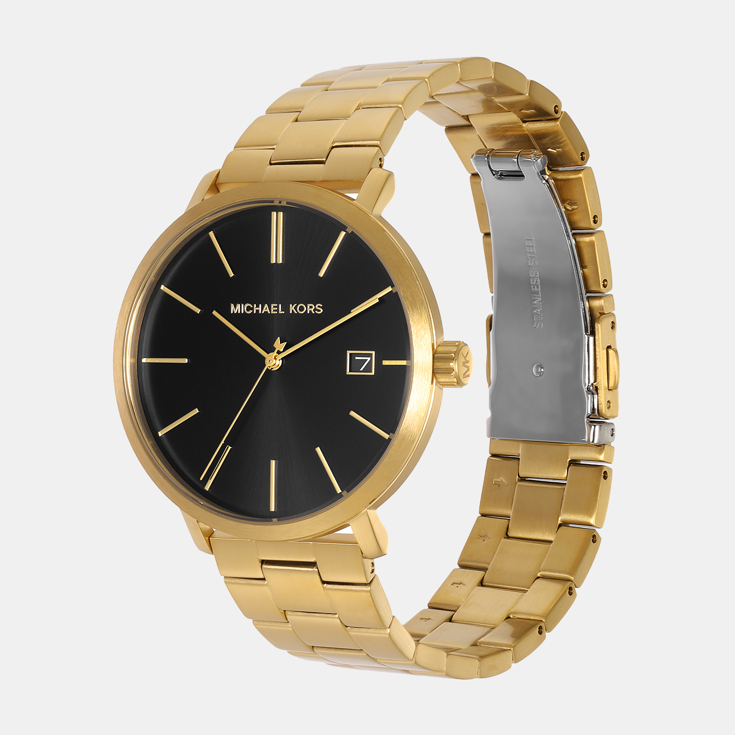 Michael Kors Blake gold-tone watch shown at angle with matching link bracelet
