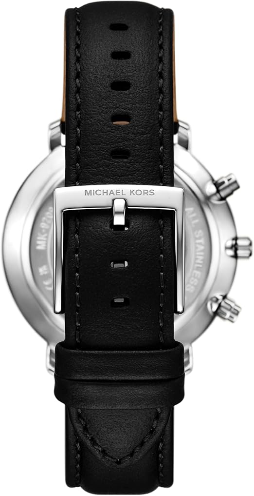 Caseback view of Michael Kors Blake watch showing black leather strap and silver case