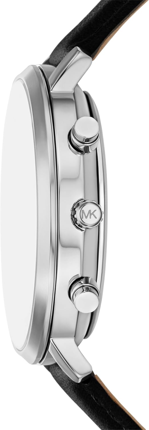 Side profile of Michael Kors Blake chronograph with pushers and black leather strap