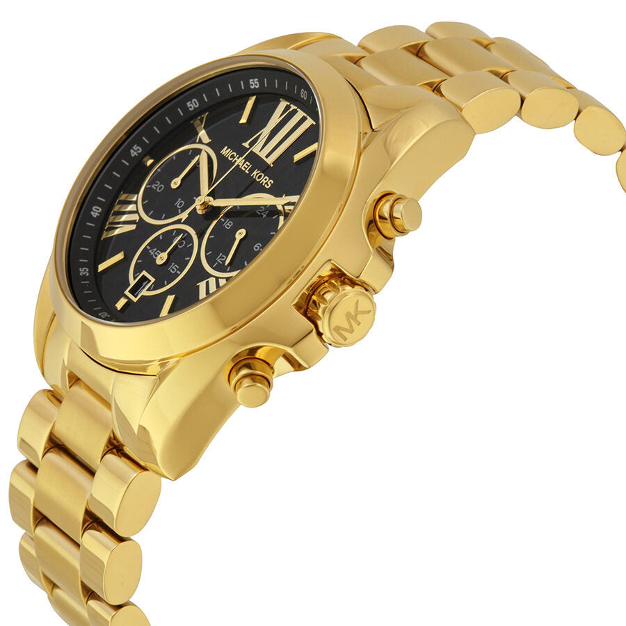 Michael Kors Bradshaw MK5739 chronograph watch at angle showing gold-tone case and bracelet details