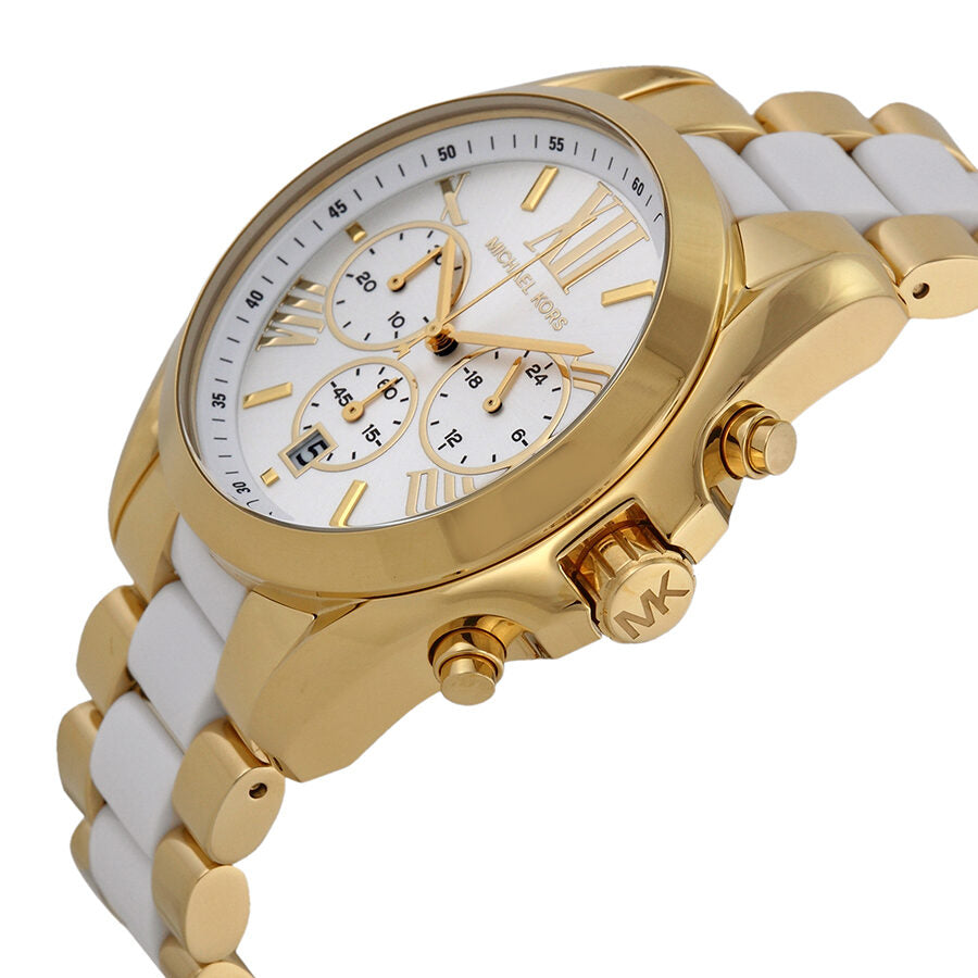 Angled view of Michael Kors Bradshaw chronograph with subdials and two-tone strap