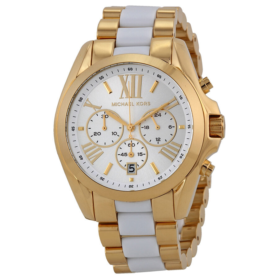 Michael Kors Bradshaw chronograph watch with white dial and two-tone gold and white bracelet