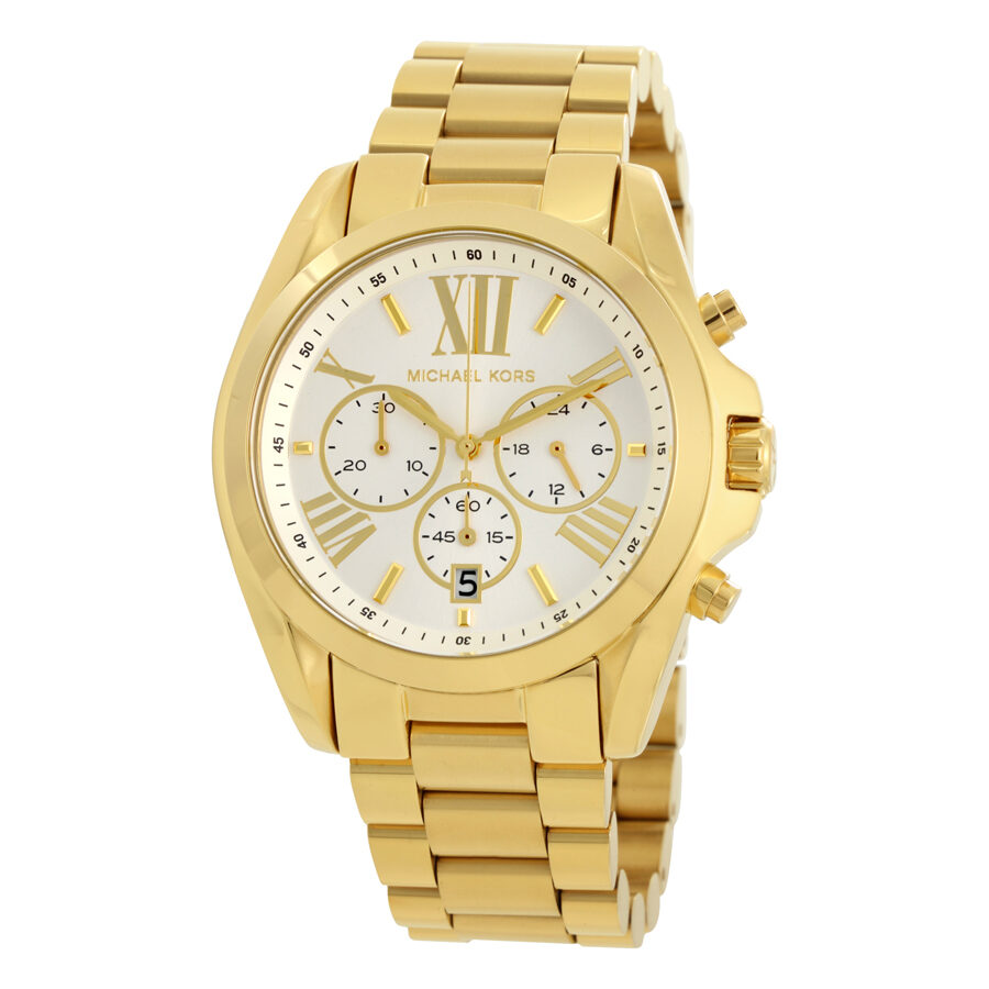 Michael Kors Bradshaw chronograph watch with gold-tone case, white dial, and gold-tone bracelet