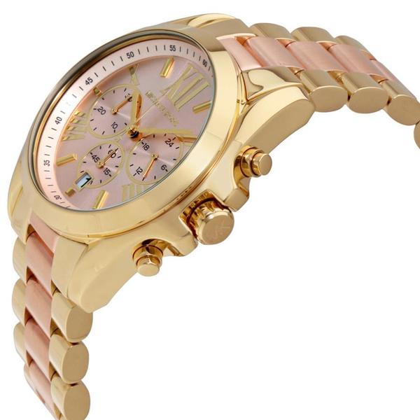 Michael Kors Bradshaw MK6359 chronograph watch angled side view showing gold and rose gold bracelet
