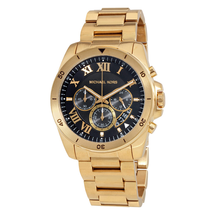 Michael Kors Brecken chronograph watch with black dial and gold-tone stainless steel bracelet