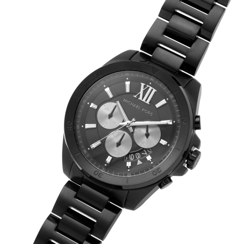Michael Kors Brecken chronograph watch side view with three subdials and metal bracelet