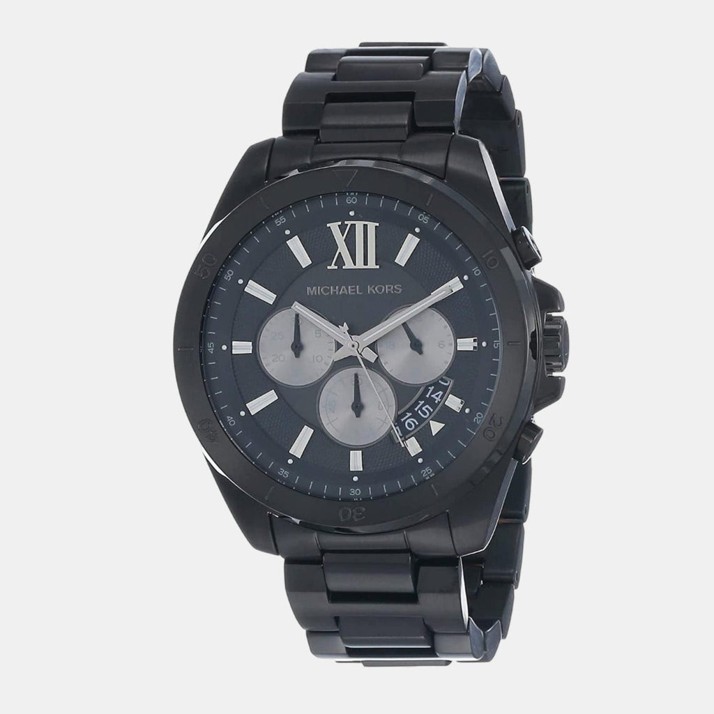 Michael Kors Brecken watch angled view showing black dial and stainless steel link bracelet