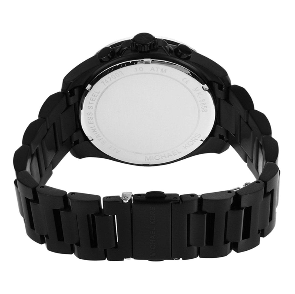 Michael Kors Brecken watch caseback showing stainless steel bracelet and case back