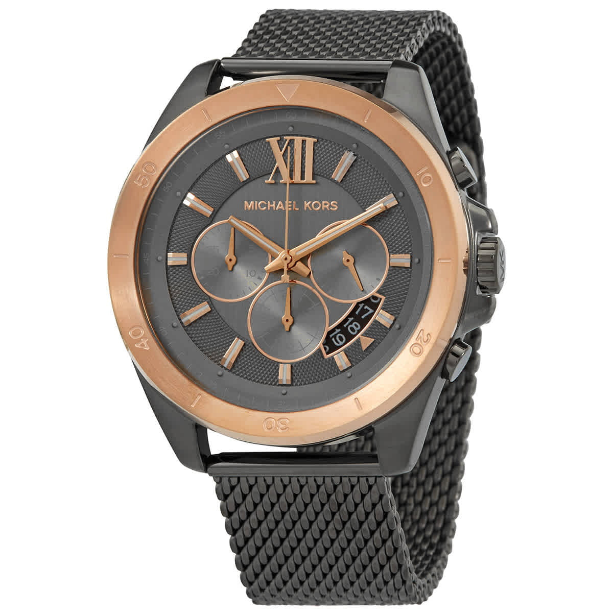Michael Kors Brecken chronograph watch with grey dial, rose gold bezel, and black mesh strap