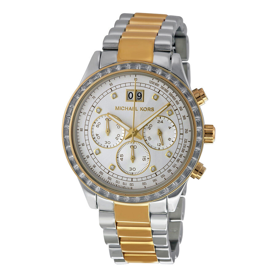 Michael Kors Brinkley chronograph watch with silver dial, two-tone case, and crystal-set bezel