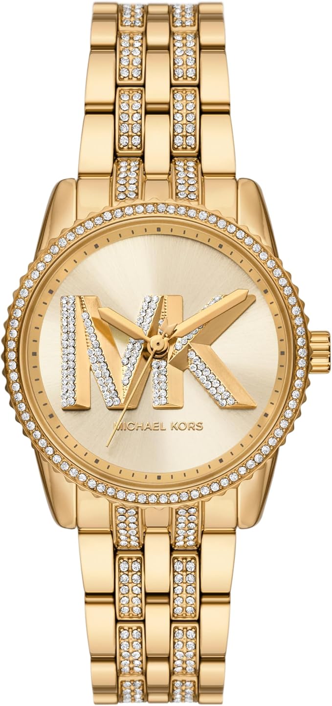 Michael Kors Bryant gold-tone watch with crystal bezel, MK logo dial, and three-hand movement
