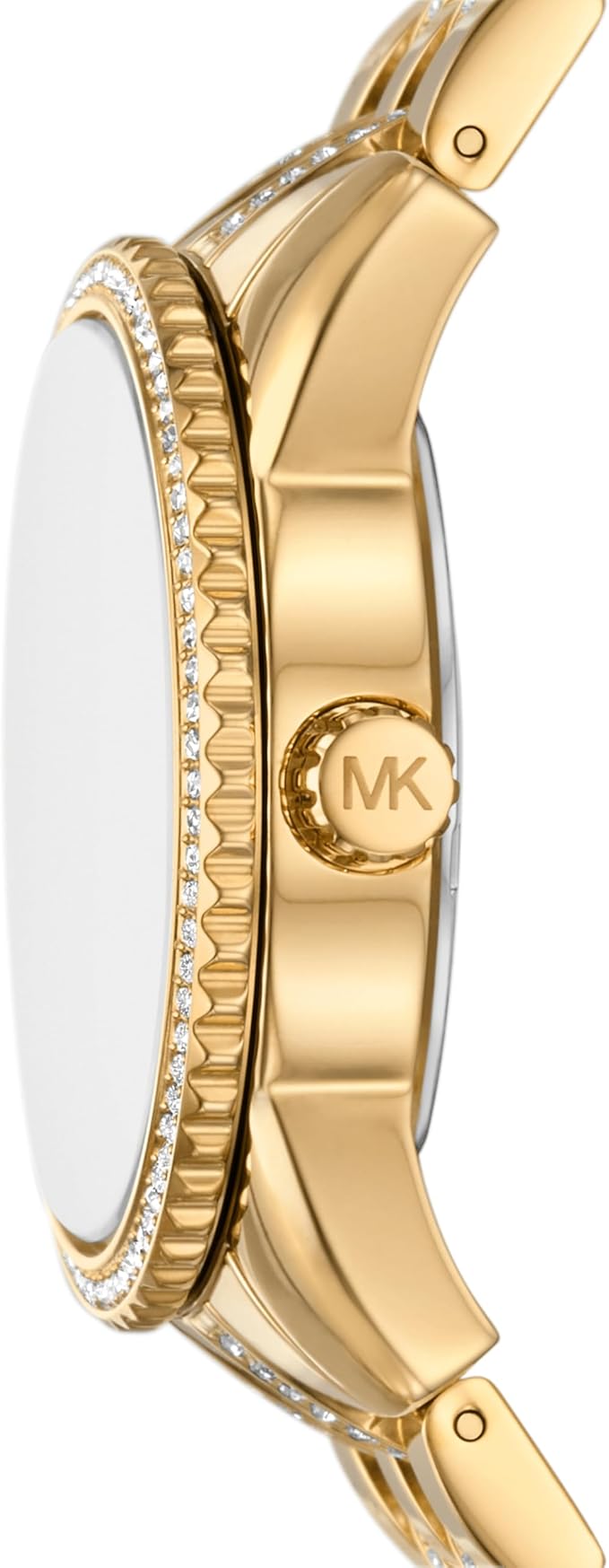 Side profile of Michael Kors Bryant gold watch showing crystal bezel and MK logo crown