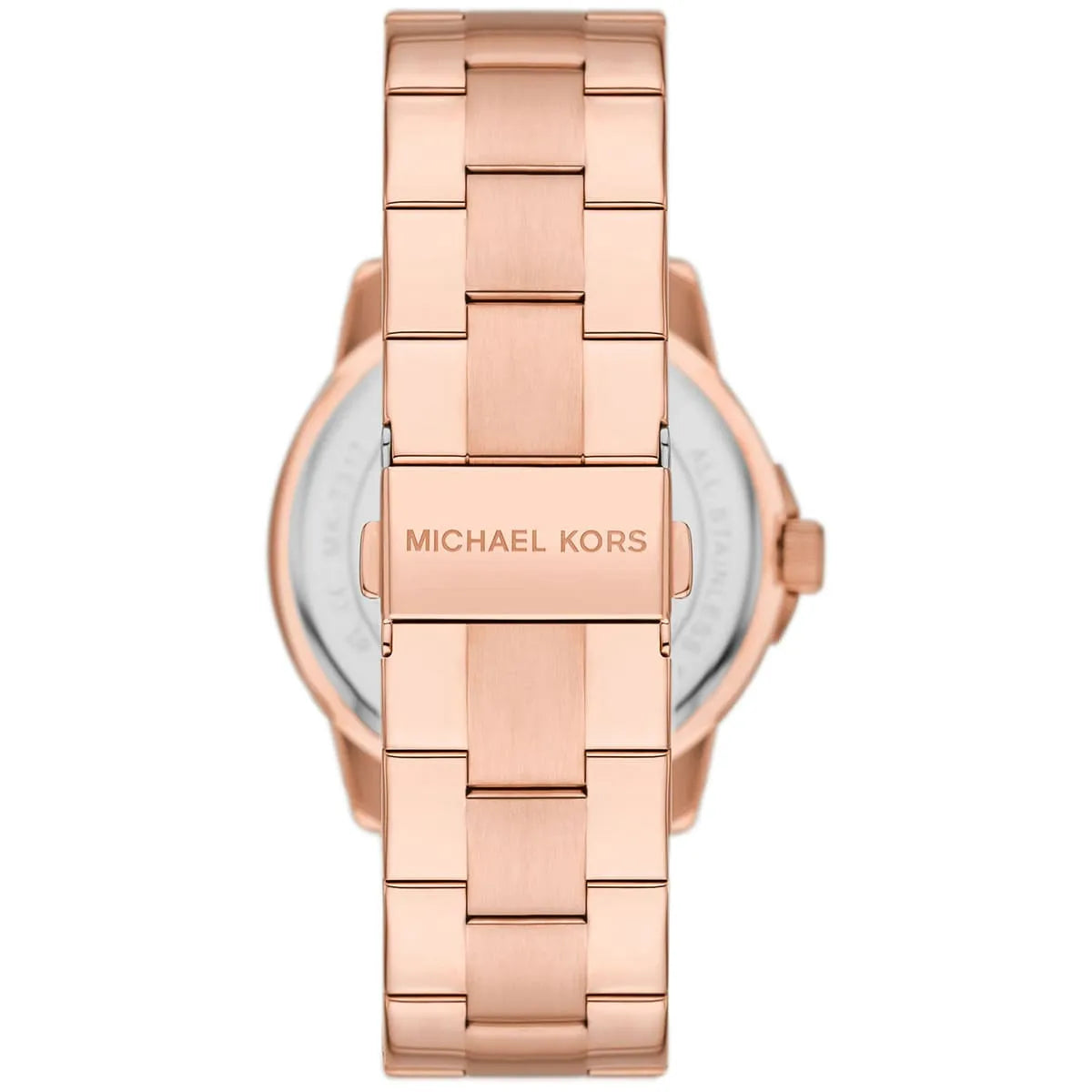 Caseback view of Michael Kors Brynn watch showing rose gold case and metal bracelet from rear