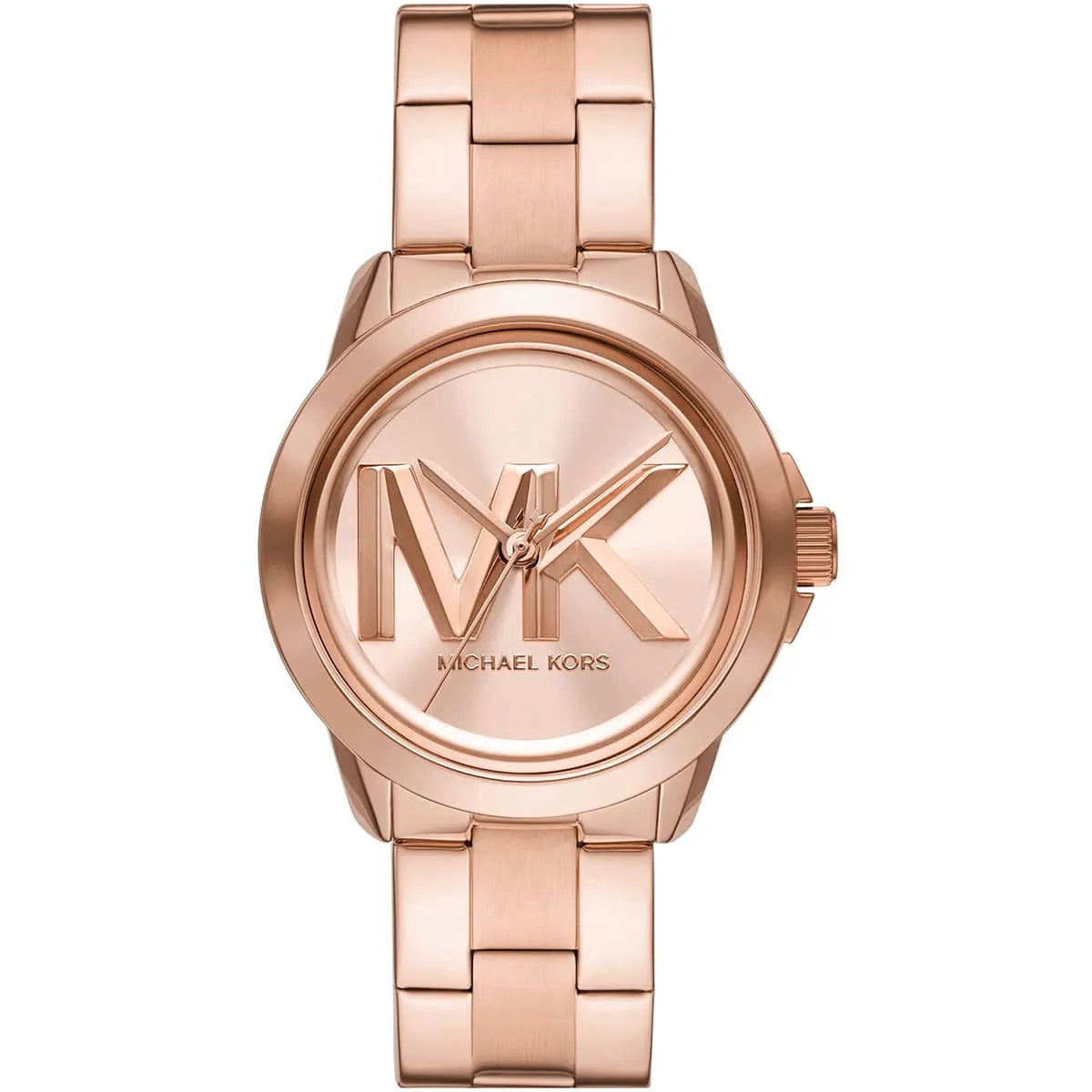 Michael Kors Brynn rose gold-tone women's watch with MK logo on dial and rose gold bracelet