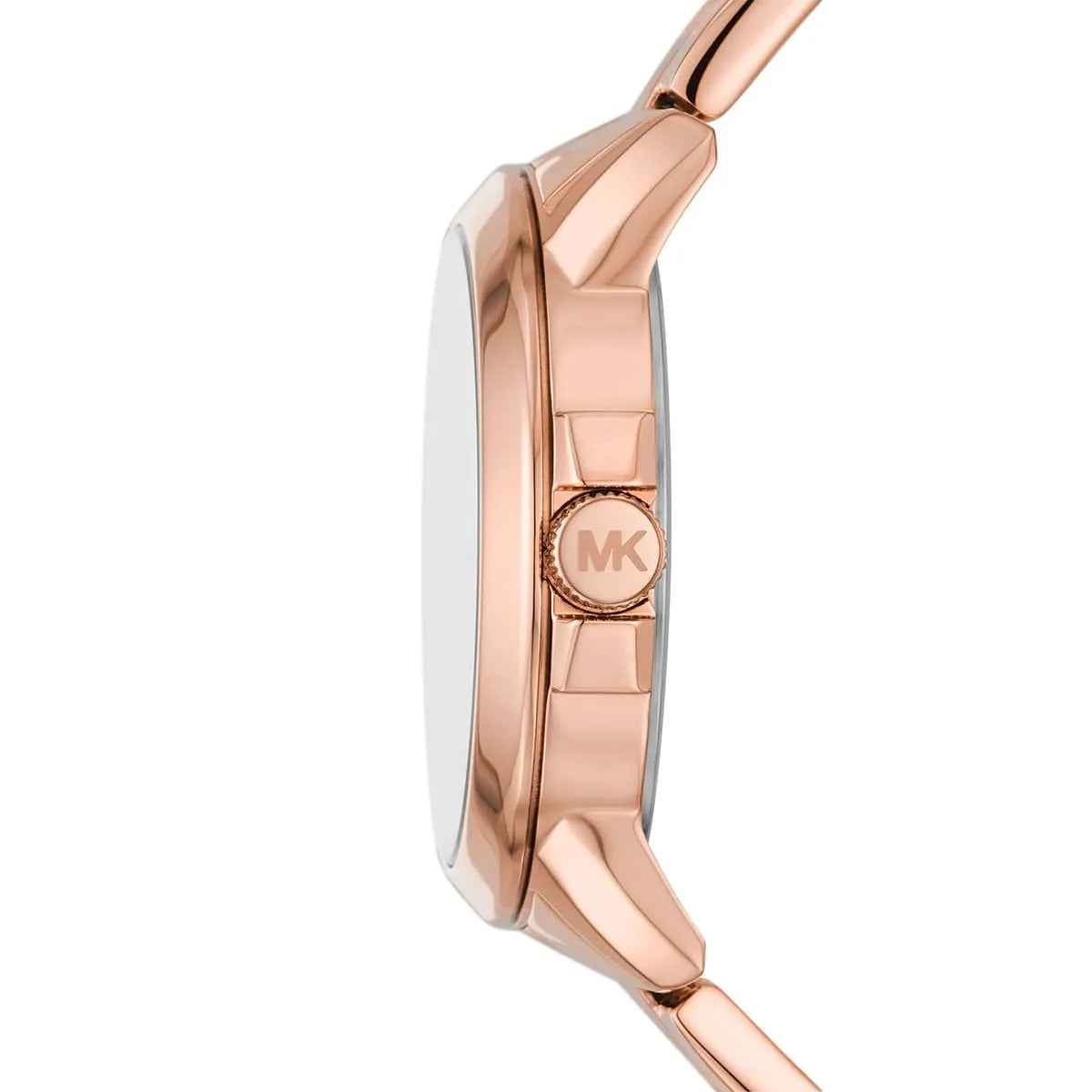 Side profile of Michael Kors Brynn rose gold-tone watch with metal strap and crown detail