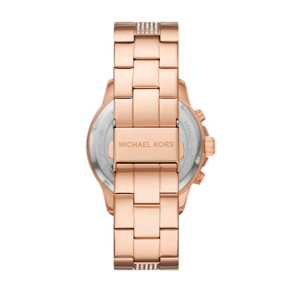 Back of Michael Kors Brynn watch with rose gold-tone stainless steel case back and logo