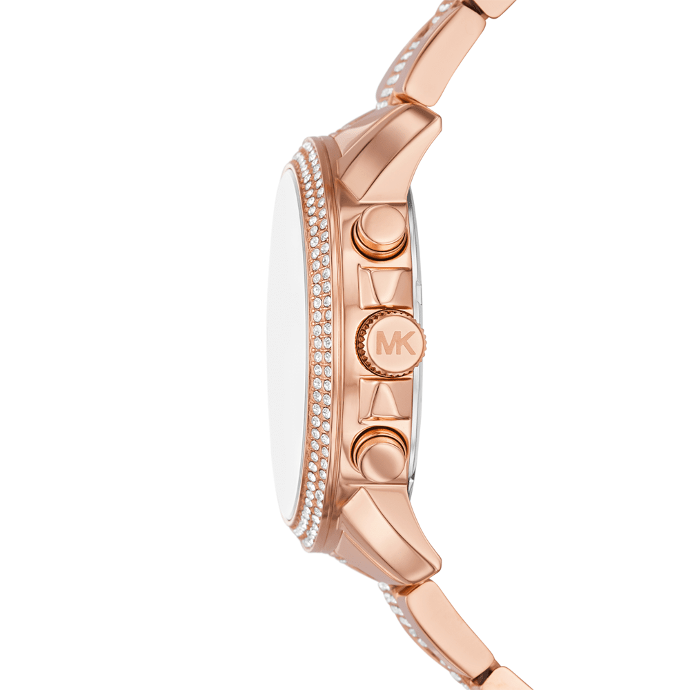 Side view of Michael Kors Brynn watch showing rose gold-tone case and pavé crystal bracelet