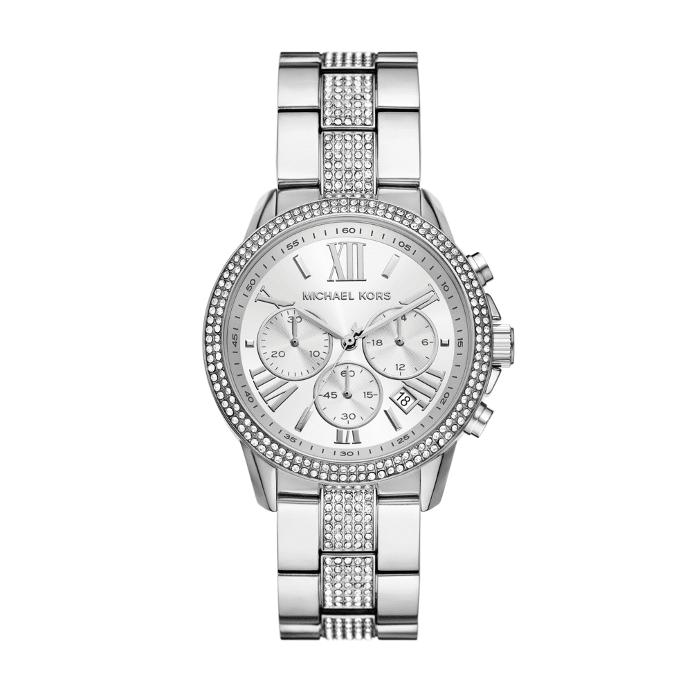 Michael Kors Brynn silver-tone women's watch with crystal bezel and pavé bracelet