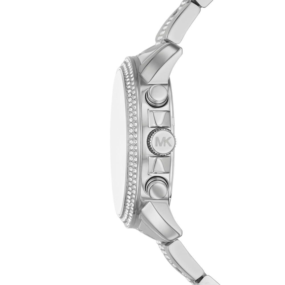 Side view of Michael Kors Brynn watch showing chronograph subdials and bracelet