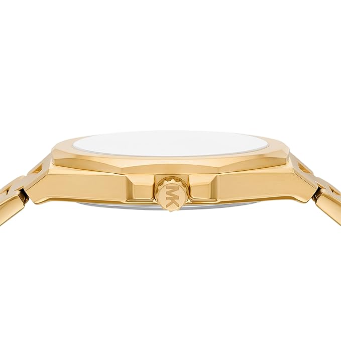 Side view of Michael Kors Callum gold watch case and crown