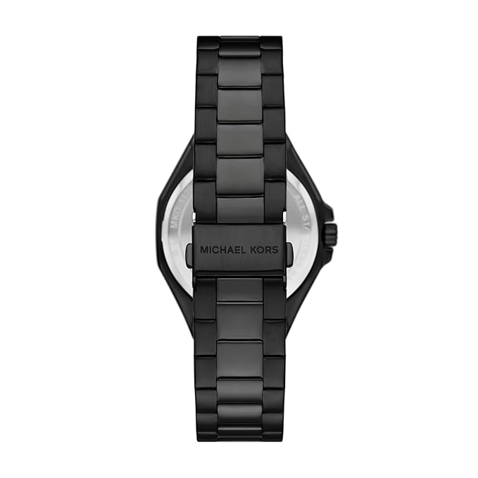 Michael Kors Callum watch caseback showing stainless steel bracelet and crown