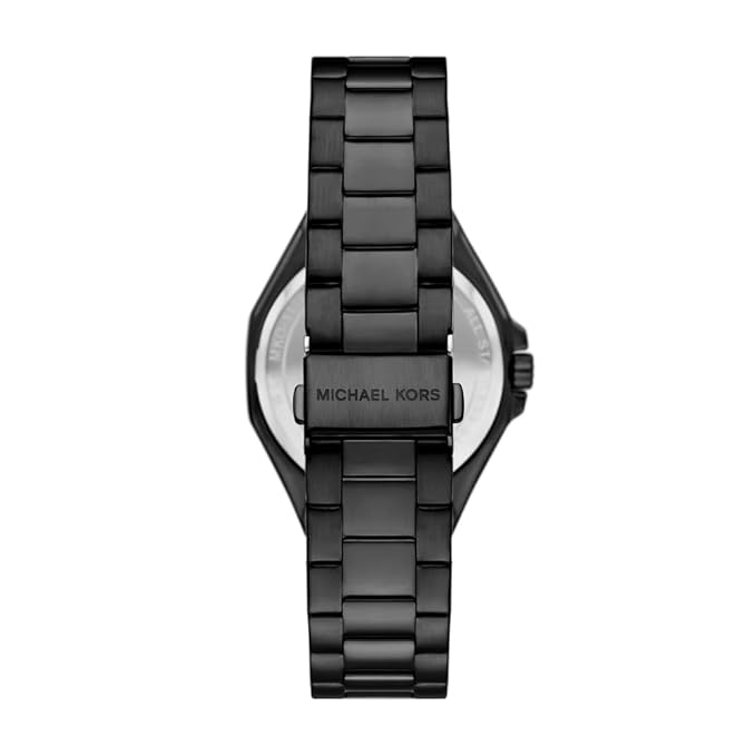 Caseback view of Michael Kors Callum watch with black stainless steel bracelet
