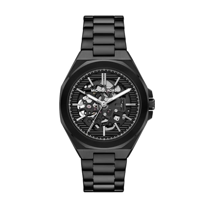 Michael Kors Callum black stainless steel watch with skeleton dial and matching bracelet