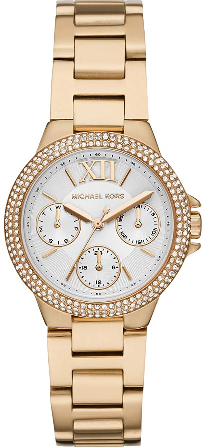 Michael Kors Camille quartz watch with white dial, crystal bezel, and gold-tone bracelet