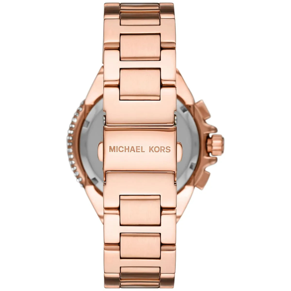 Back view of Michael Kors Camille MK6995 rose gold-tone link bracelet and case back