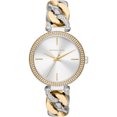 Michael Kors Catelyn watch with crystal bezel, white dial, and two-tone chain link bracelet