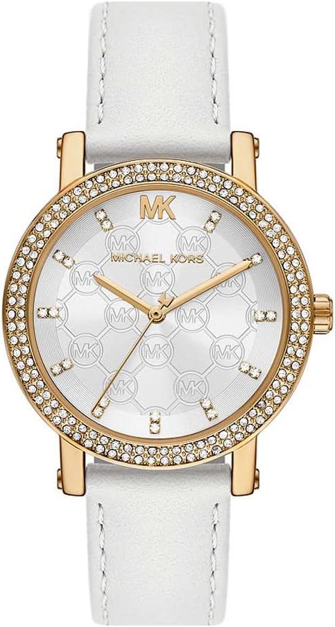 Michael Kors Corey women's watch with white mother-of-pearl dial, gold-tone case, crystal bezel, and white leather strap