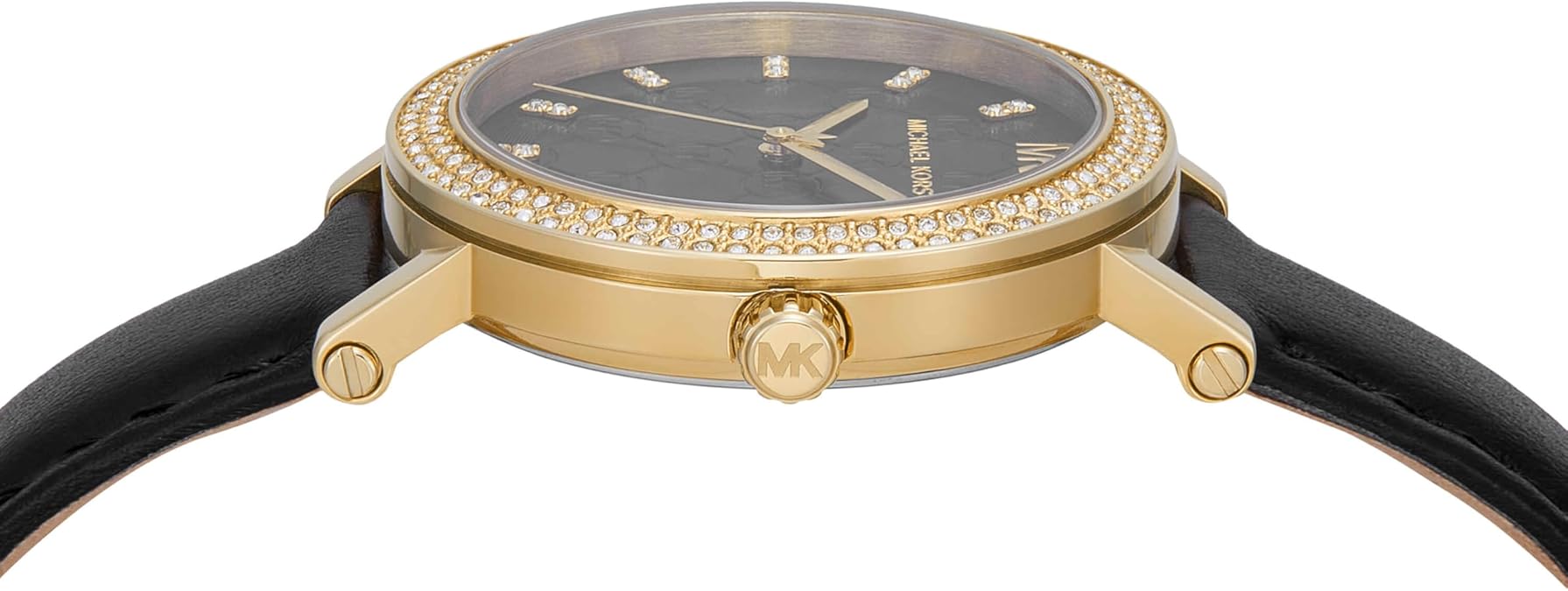 Side view of Michael Kors Corey watch showing gold-tone case profile and black strap