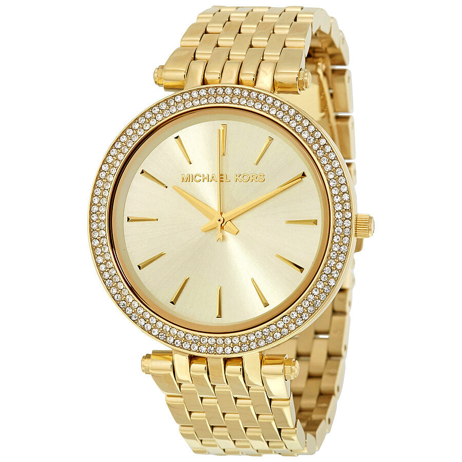 Michael Kors Darci Glitz gold dial watch with pave crystal bezel and gold bracelet