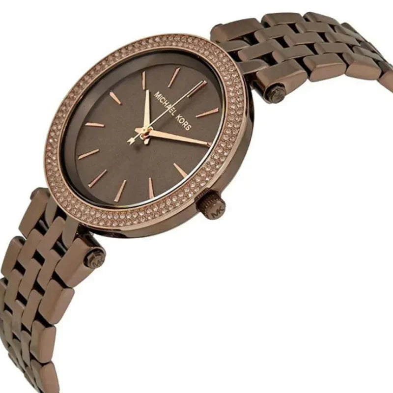 Michael Kors Darci Mini watch at angle showing chocolate brown dial and stainless steel bracelet