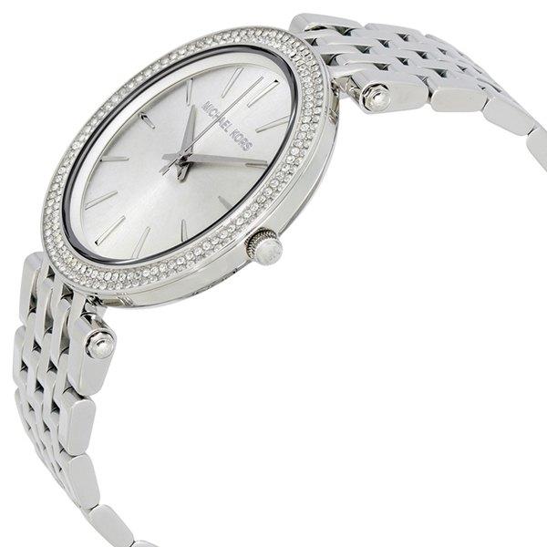 Michael Kors Darci watch side angle showing crystal-set bezel and link bracelet