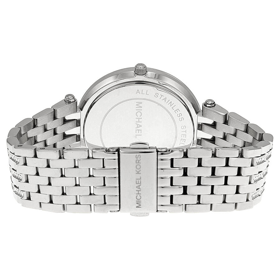Michael Kors Darci caseback with stainless steel construction and model information