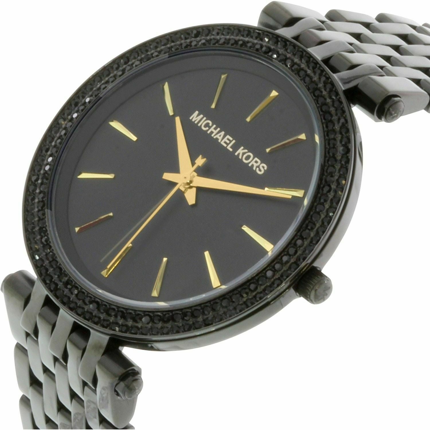 Angled view of black Darci watch showing three-link stainless steel bracelet and bezel detail