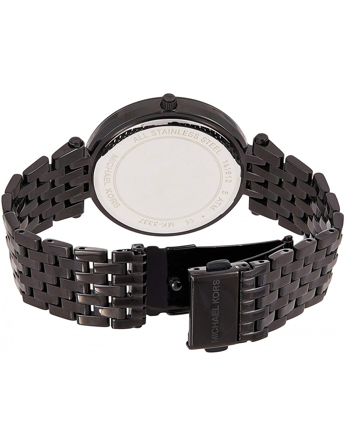 Back case view of Michael Kors Darci watch showing brushed stainless steel and bracelet mechanism