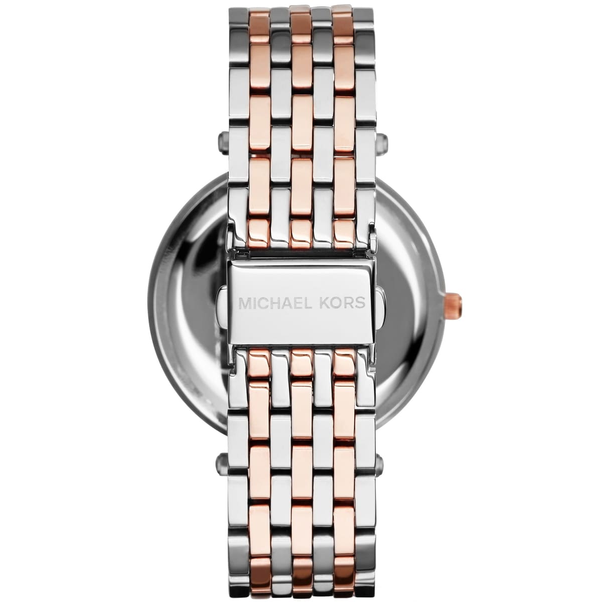 Michael Kors Darci watch caseback showing two-tone stainless steel bracelet