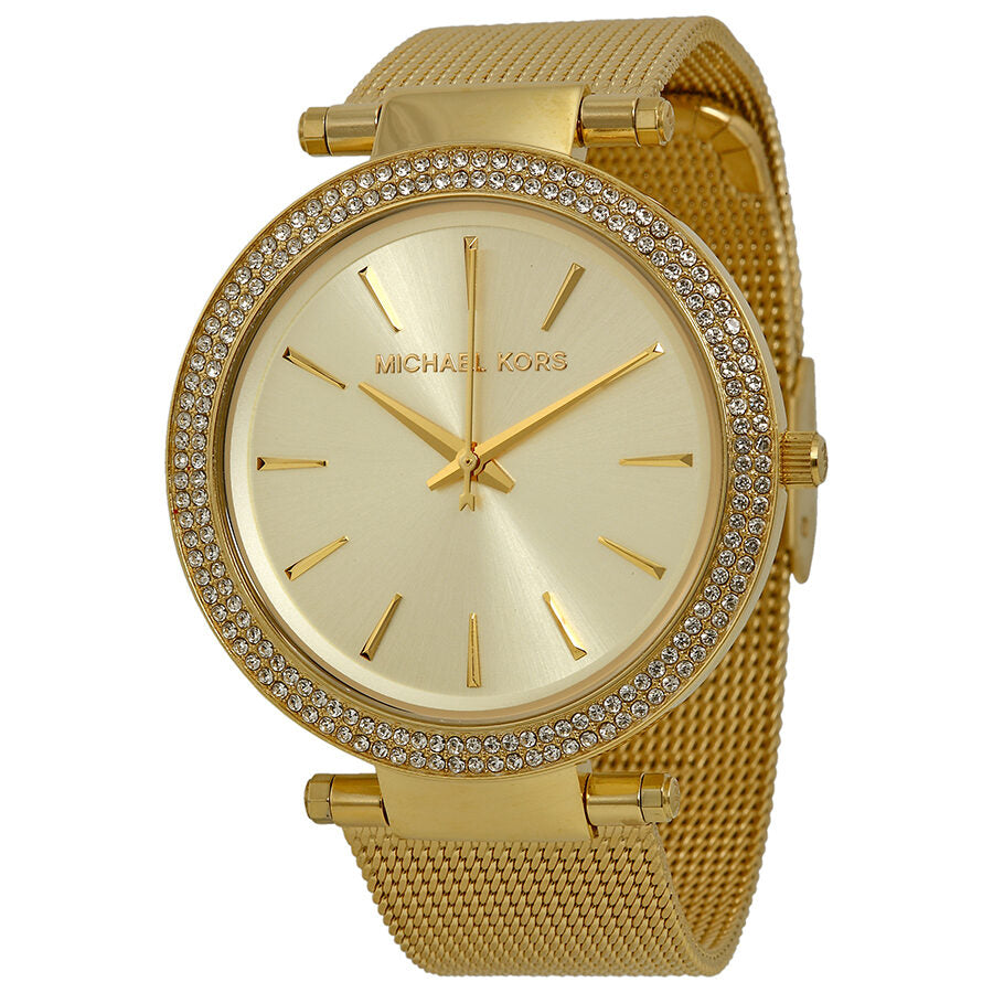 Michael Kors Darci gold-tone stainless steel mesh watch with crystal bezel and champagne dial