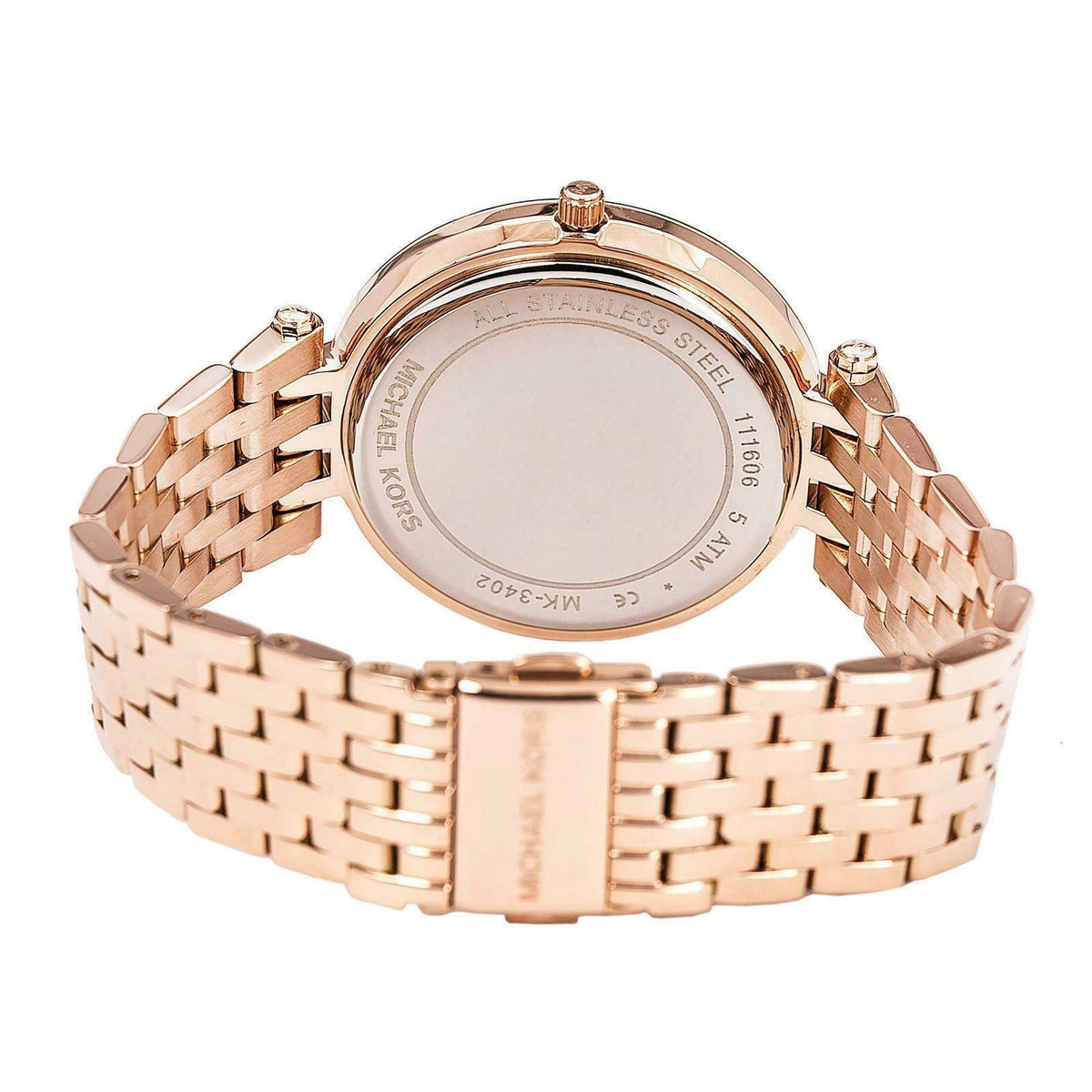 Rear caseback of Michael Kors Darci MK3402 watch with rose gold metal bracelet and engraved text