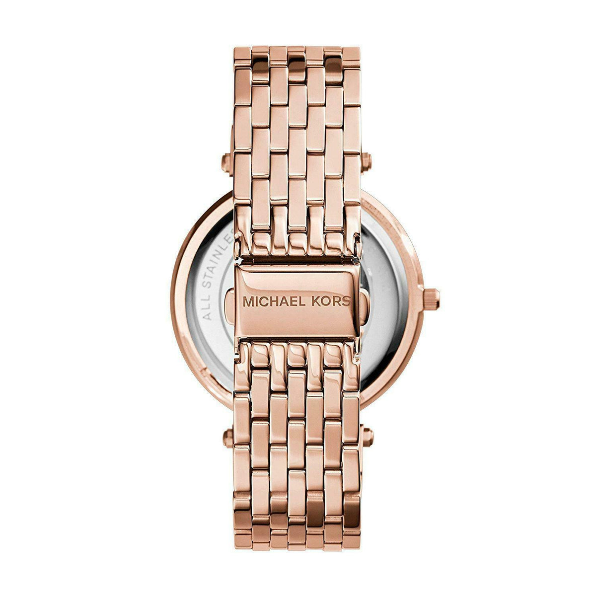 Back view of Michael Kors Darci watch case showing transparent caseback and rose gold bracelet