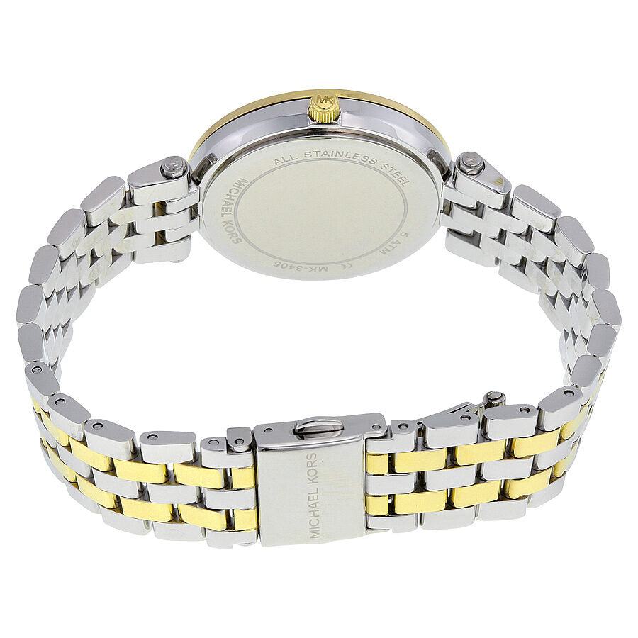 Michael Kors Darci two-tone stainless steel bracelet and caseback viewed from rear